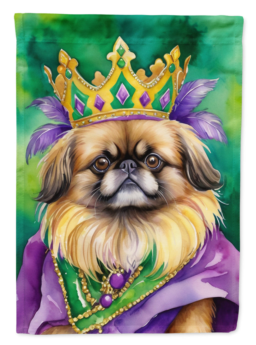 Pekingese King of Mardi Gras House Flag 28x40 Porch Sleeve Pole Decorative Outside Yard Banner Artwork Wall Hanging, Polyester