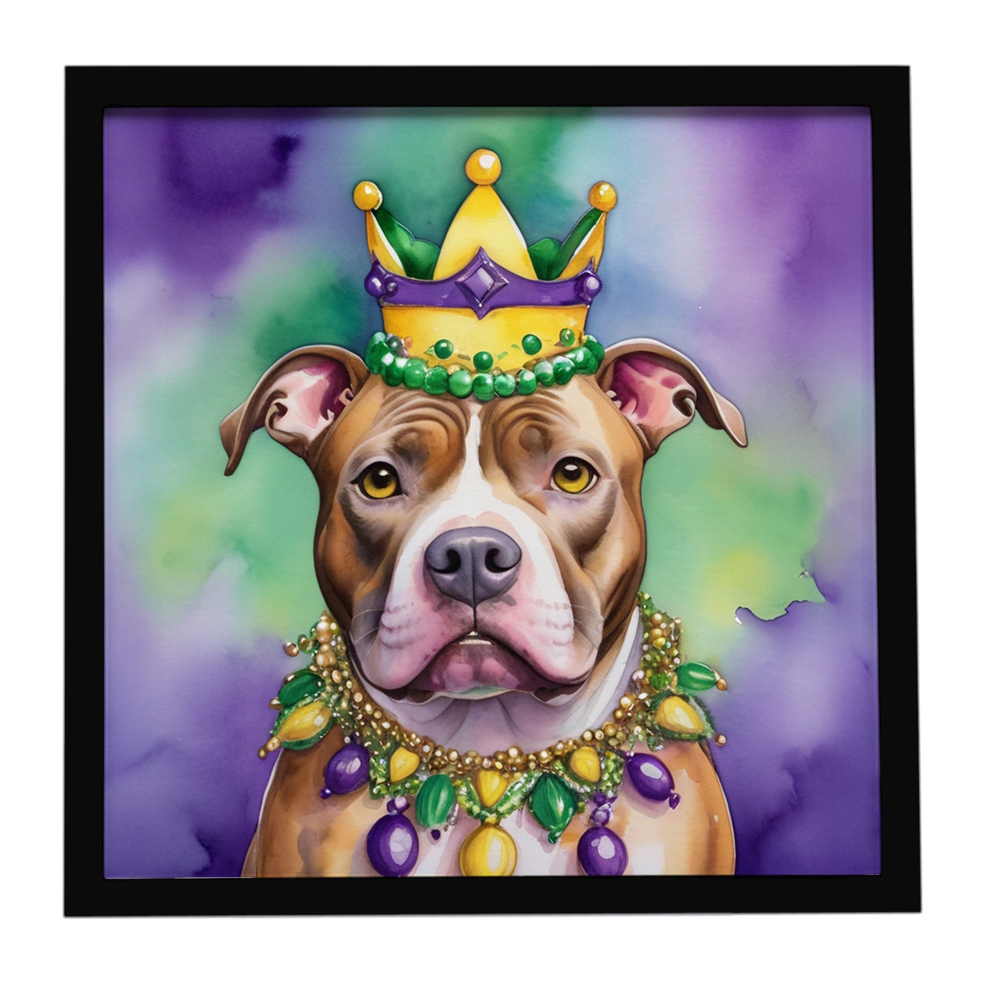 Pit Bull Terrier King of Mardi Gras Framed Metal Print Bathroom, Kitchen, Office, Home Decor Wall Art Ready to Hang, Square, 8X8