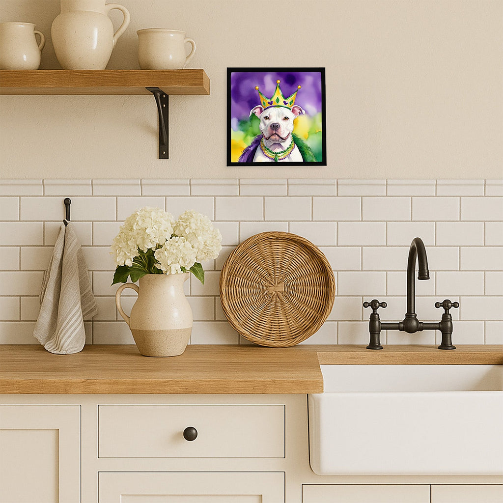 Pit Bull Terrier King of Mardi Gras Framed Metal Print Bathroom, Kitchen, Office, Home Decor Wall Art Ready to Hang, Square, 8X8