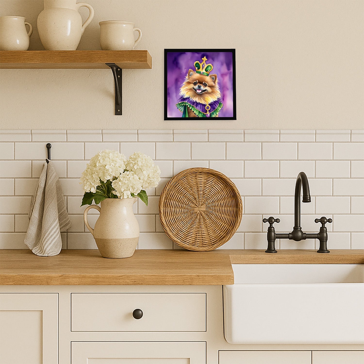 Pomeranian King of Mardi Gras Framed Metal Print Bathroom, Kitchen, Office, Home Decor Wall Art Ready to Hang, Square, 8X8