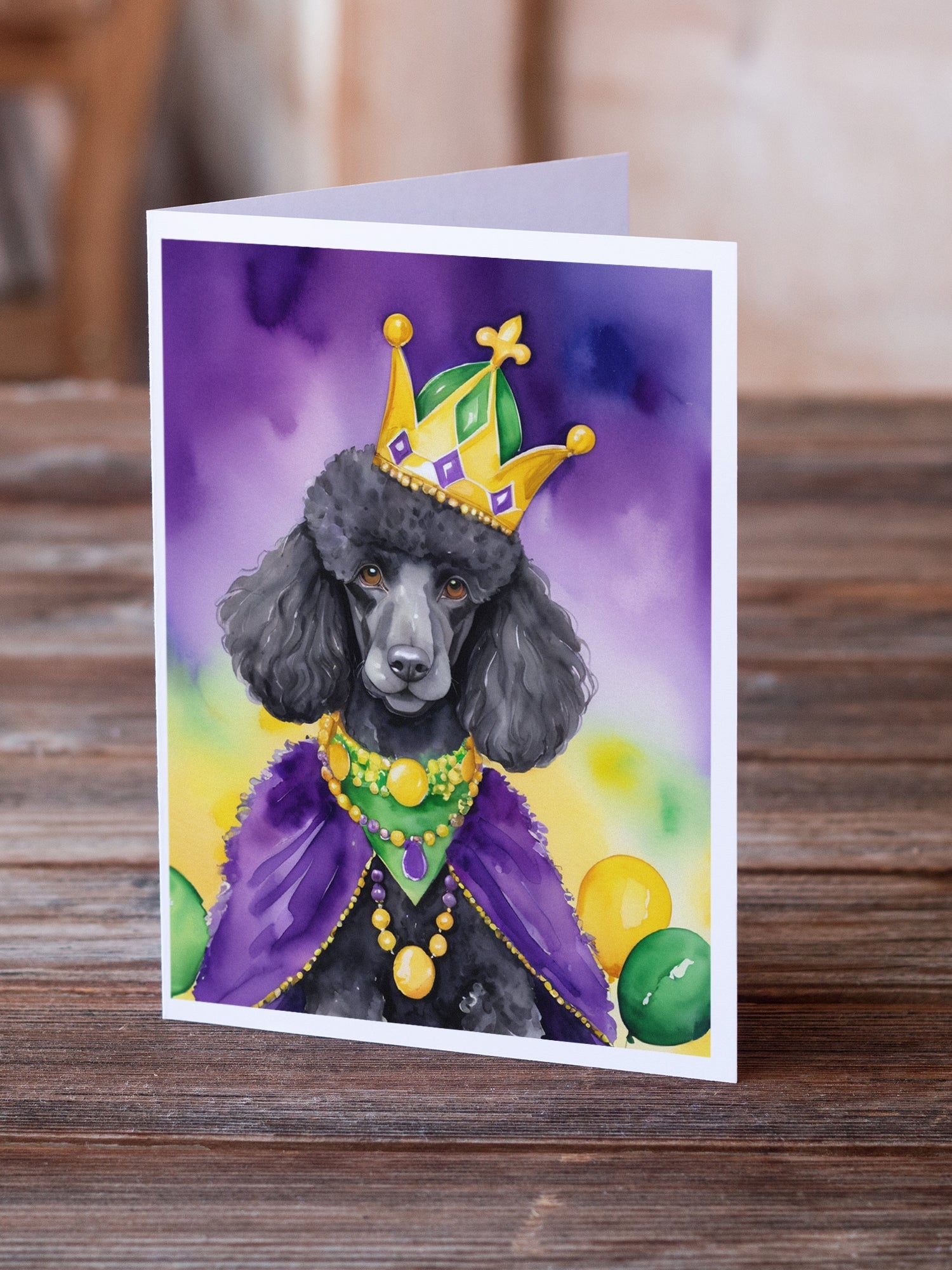 Black Poodle King of Mardi Gras Greeting Cards Pack of 8 Blank Cards with Envelopes Whimsical A7 Size 5x7