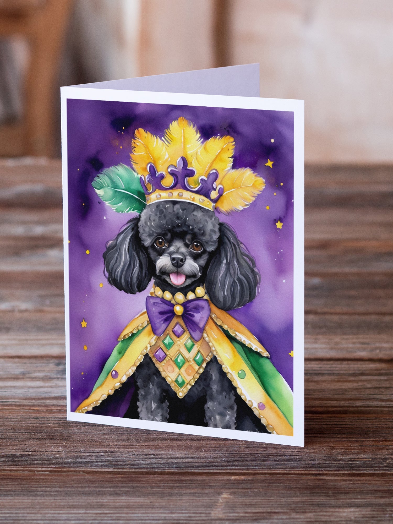 Black Poodle King of Mardi Gras Greeting Cards Pack of 8 Blank Cards with Envelopes Whimsical A7 Size 5x7
