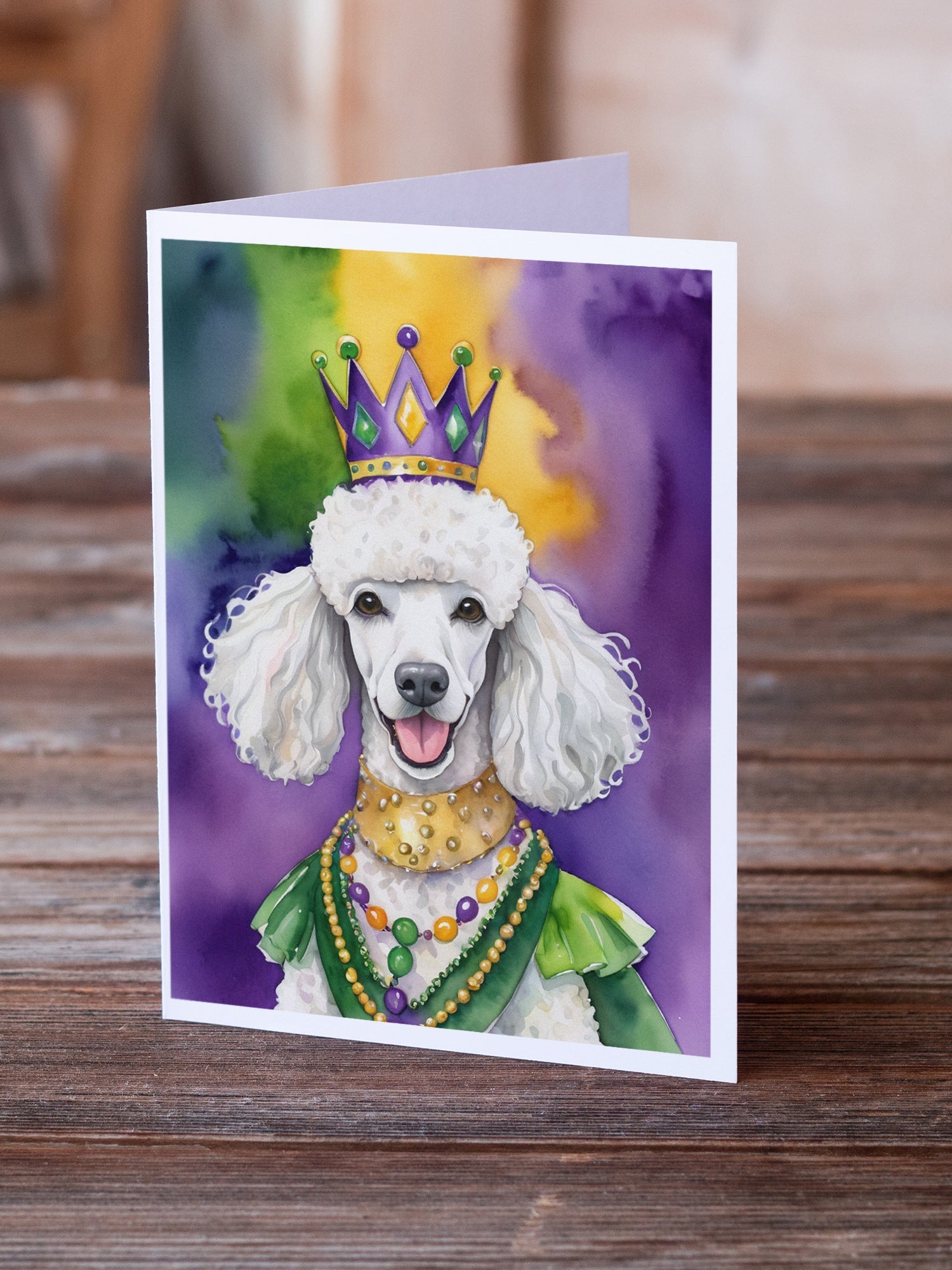 White Poodle King of Mardi Gras Greeting Cards Pack of 8 Blank Cards with Envelopes Whimsical A7 Size 5x7