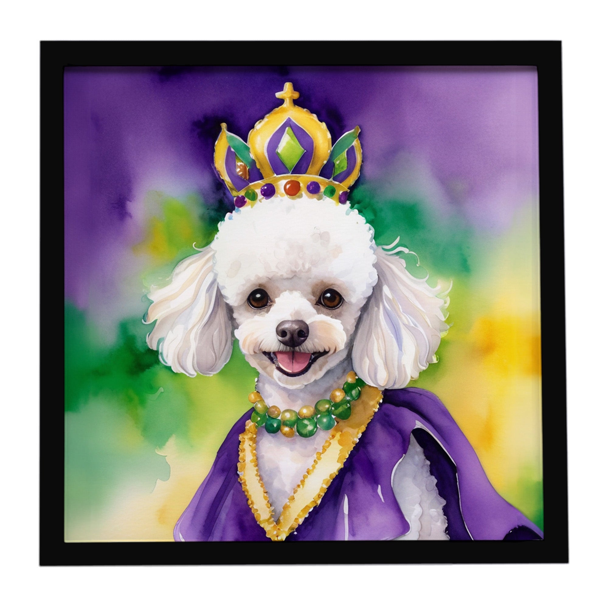 White Poodle King of Mardi Gras Framed Metal Print Bathroom, Kitchen, Office, Home Decor Wall Art Ready to Hang, Square, 8X8