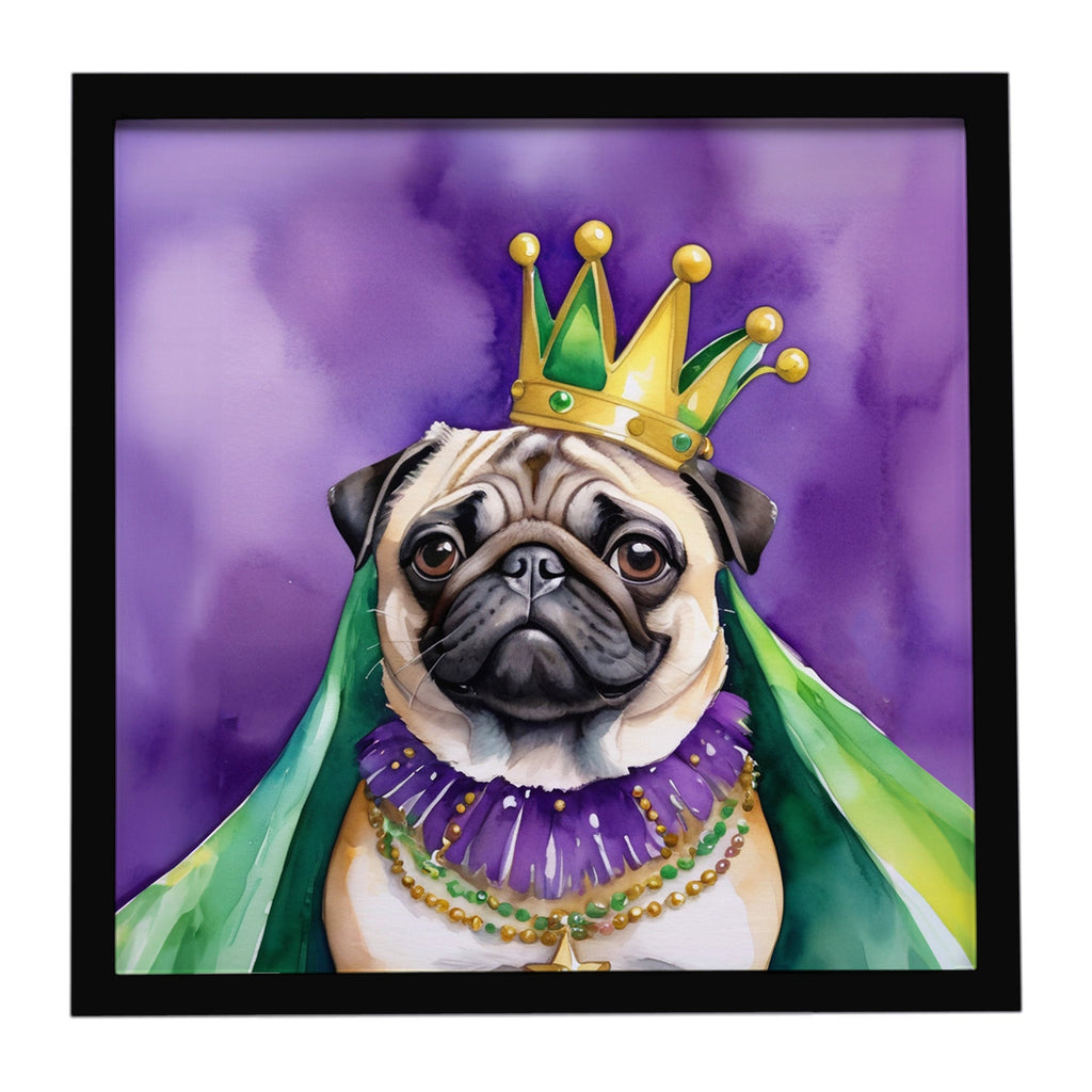 Pug King of Mardi Gras Framed Metal Print Bathroom, Kitchen, Office, Home Decor Wall Art Ready to Hang, Square, 8X8