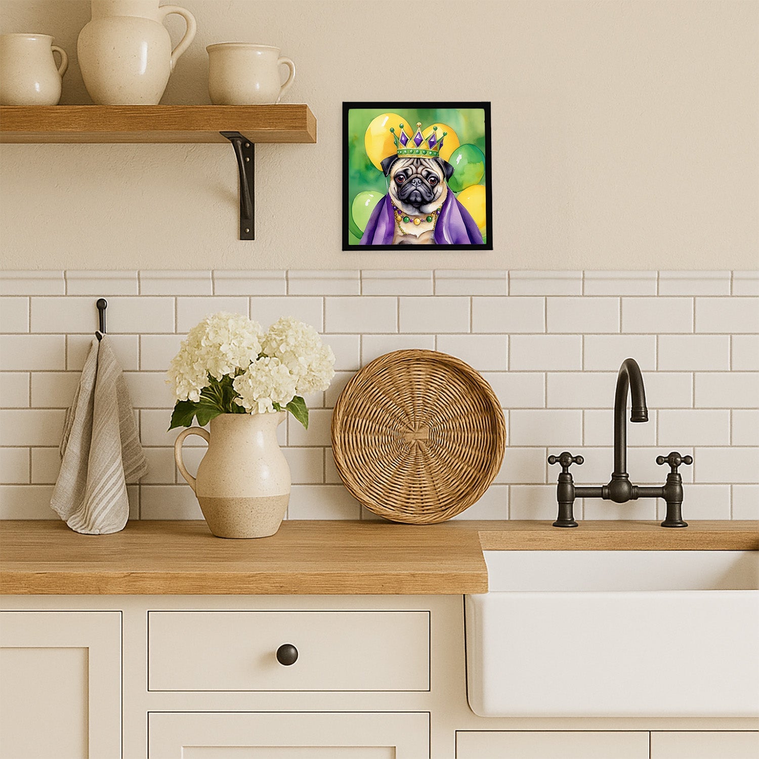 Pug King of Mardi Gras Framed Metal Print Bathroom, Kitchen, Office, Home Decor Wall Art Ready to Hang, Square, 8X8