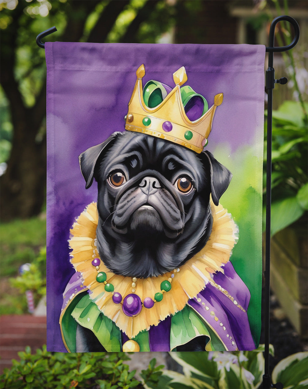 Black Pug King of Mardi Gras Garden Flag Mailbox Decorative Yard Banner Outside Patio Artwork for Flower Beds, Garden Size, Multicolor
