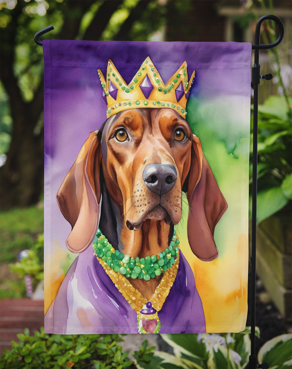 Redbone Coonhound King of Mardi Gras Garden Flag Mailbox Decorative Yard Banner Outside Patio Artwork for Flower Beds, Garden Size, Multicolor
