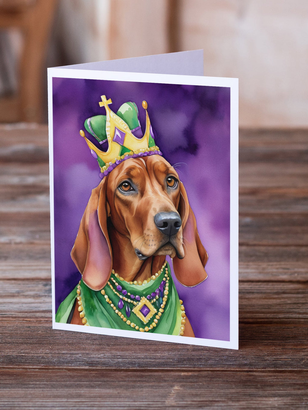Redbone Coonhound King of Mardi Gras Greeting Cards Pack of 8 Blank Cards with Envelopes Whimsical A7 Size 5x7