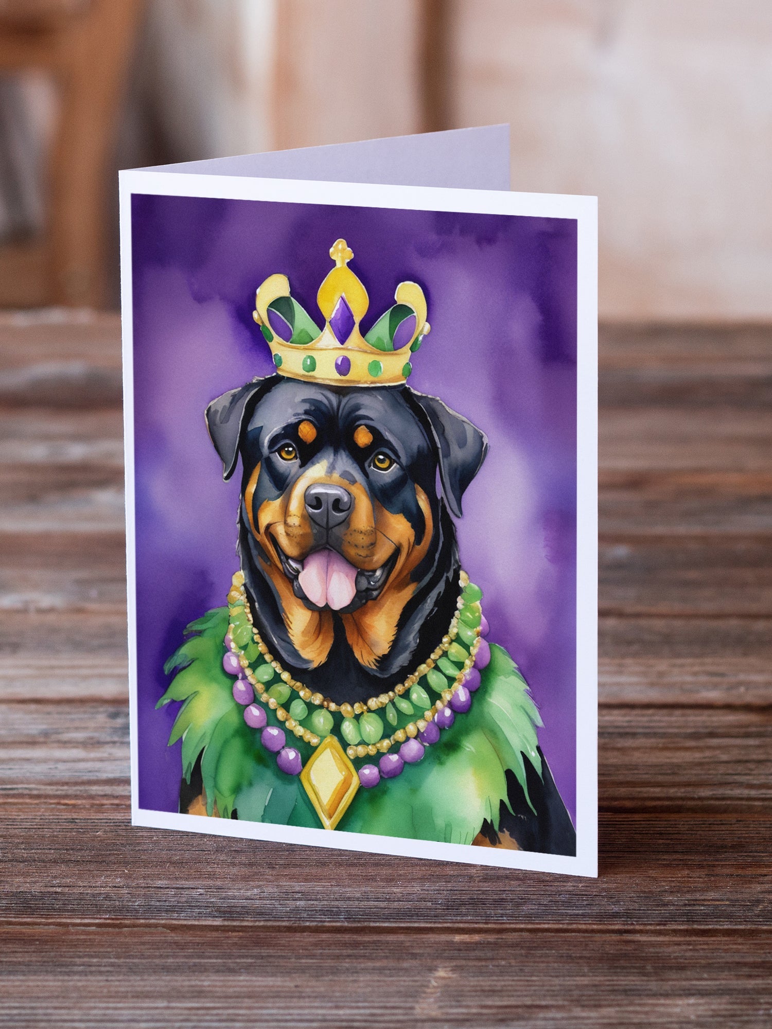 Rottweiler King of Mardi Gras Greeting Cards Pack of 8 Blank Cards with Envelopes Whimsical A7 Size 5x7