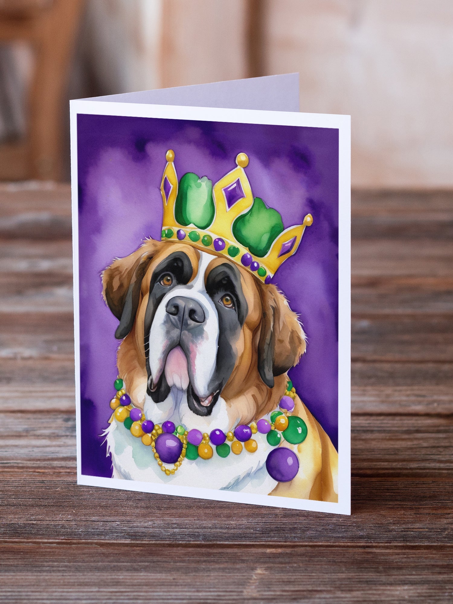 Saint Bernard King of Mardi Gras Greeting Cards Pack of 8 Blank Cards with Envelopes Whimsical A7 Size 5x7