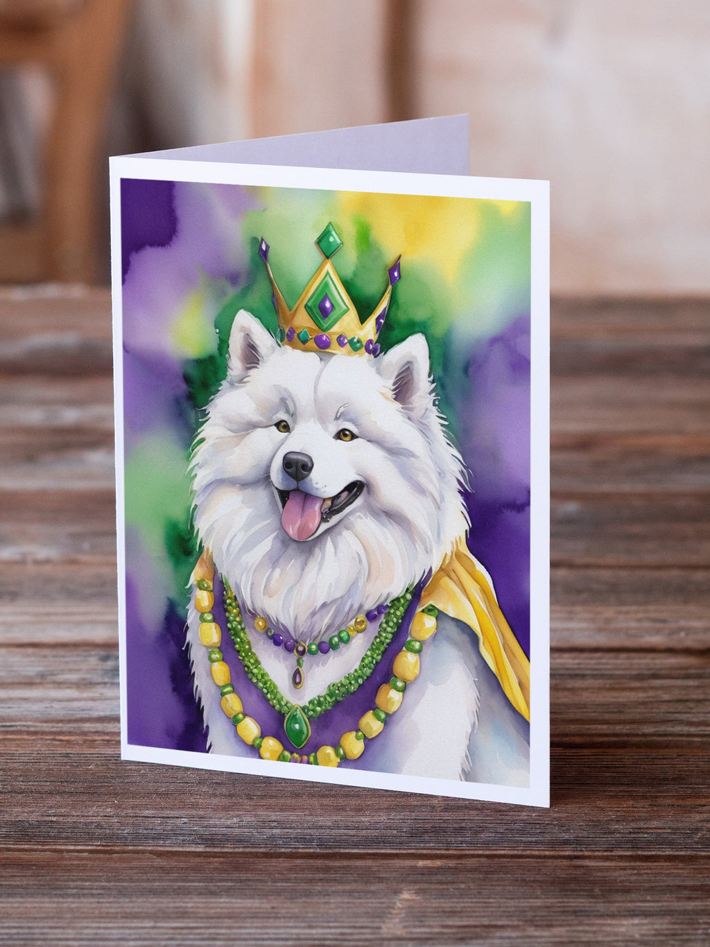 Samoyed King of Mardi Gras Greeting Cards Pack of 8 Blank Cards with Envelopes Whimsical A7 Size 5x7