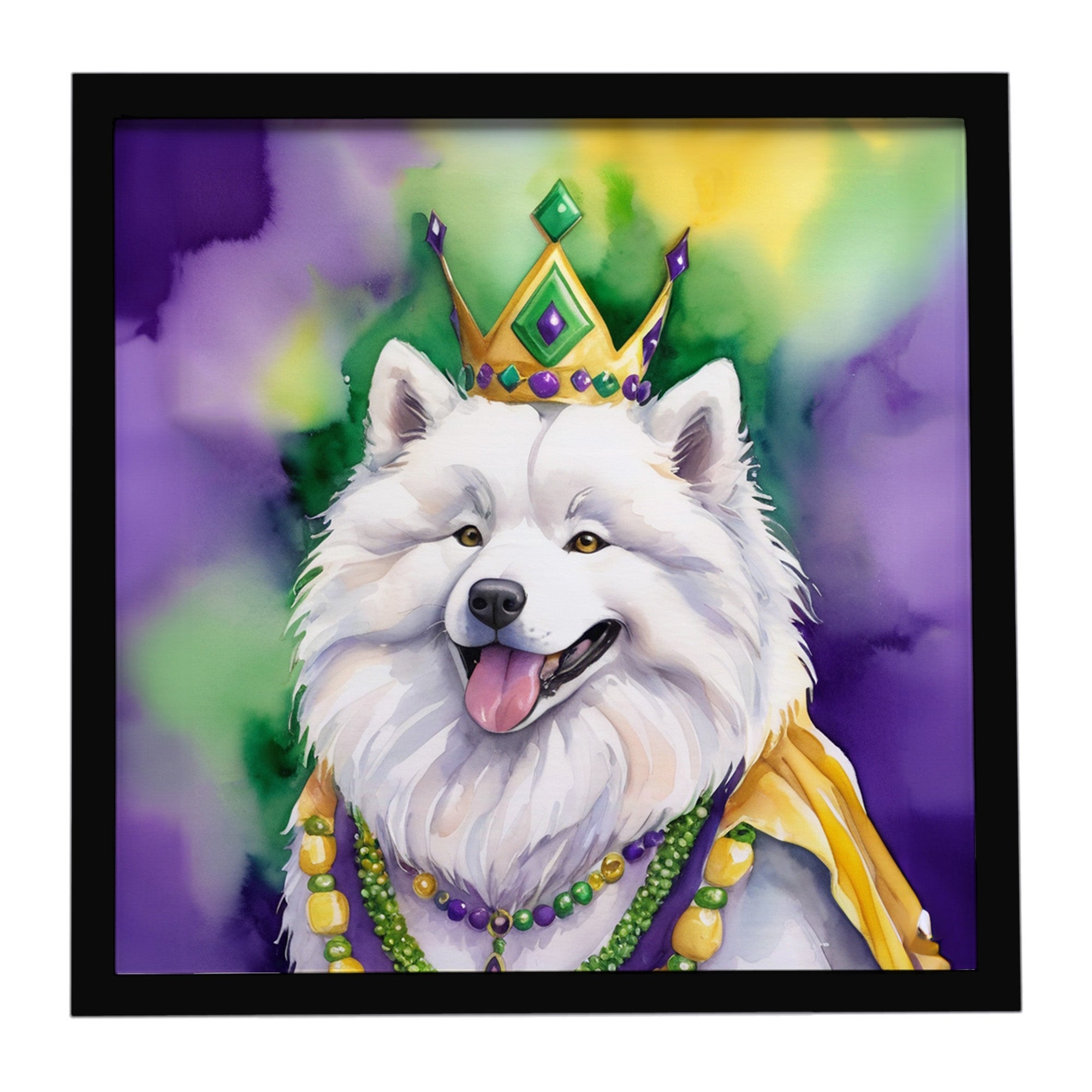 Samoyed King of Mardi Gras Framed Metal Print Bathroom, Kitchen, Office, Home Decor Wall Art Ready to Hang, Square, 8X8
