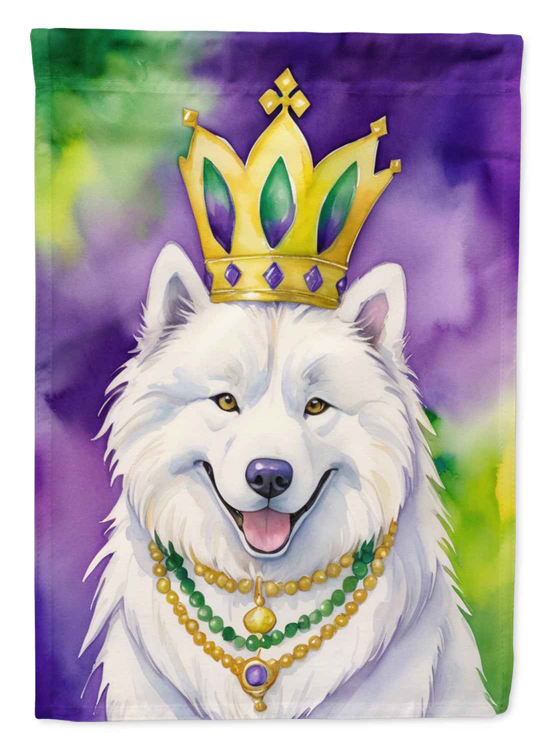 Samoyed King of Mardi Gras House Flag 28x40 Porch Sleeve Pole Decorative Outside Yard Banner Artwork Wall Hanging, Polyester