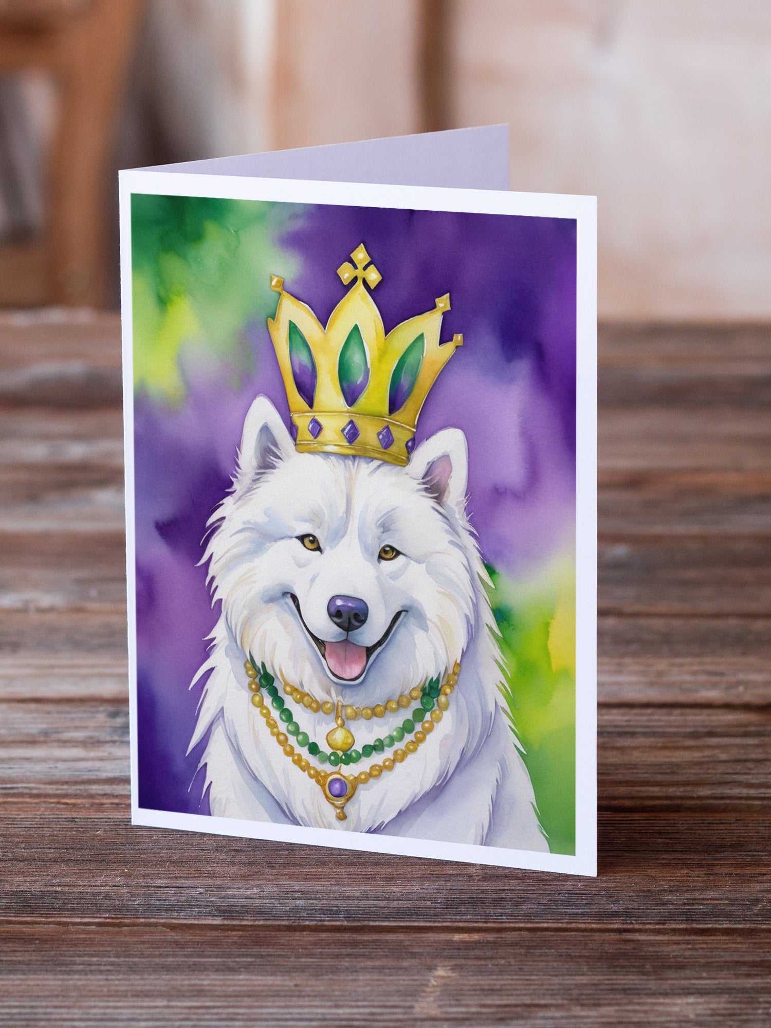 Samoyed King of Mardi Gras Greeting Cards Pack of 8 Blank Cards with Envelopes Whimsical A7 Size 5x7