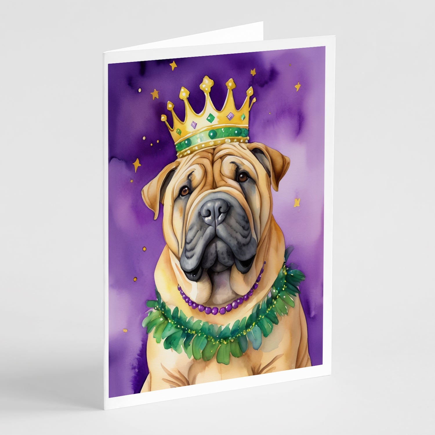 Shar Pei King of Mardi Gras Greeting Cards Pack of 8 Blank Cards with Envelopes Whimsical A7 Size 5x7
