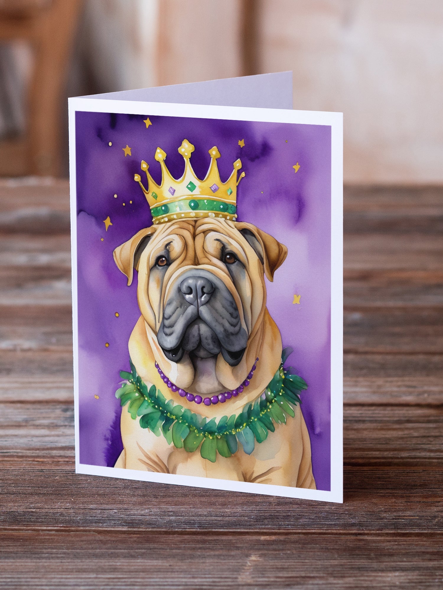 Shar Pei King of Mardi Gras Greeting Cards Pack of 8 Blank Cards with Envelopes Whimsical A7 Size 5x7