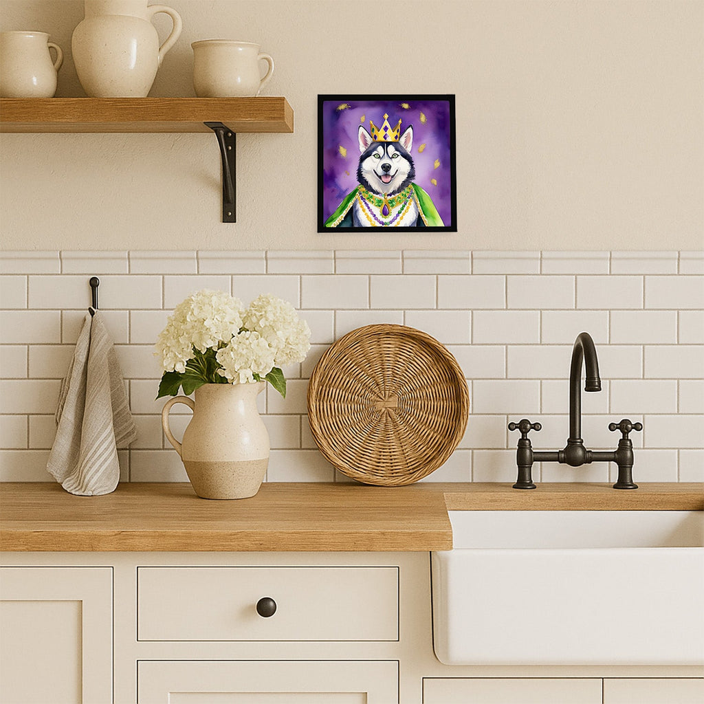 Siberian Husky King of Mardi Gras Framed Metal Print Bathroom, Kitchen, Office, Home Decor Wall Art Ready to Hang, Square, 8X8
