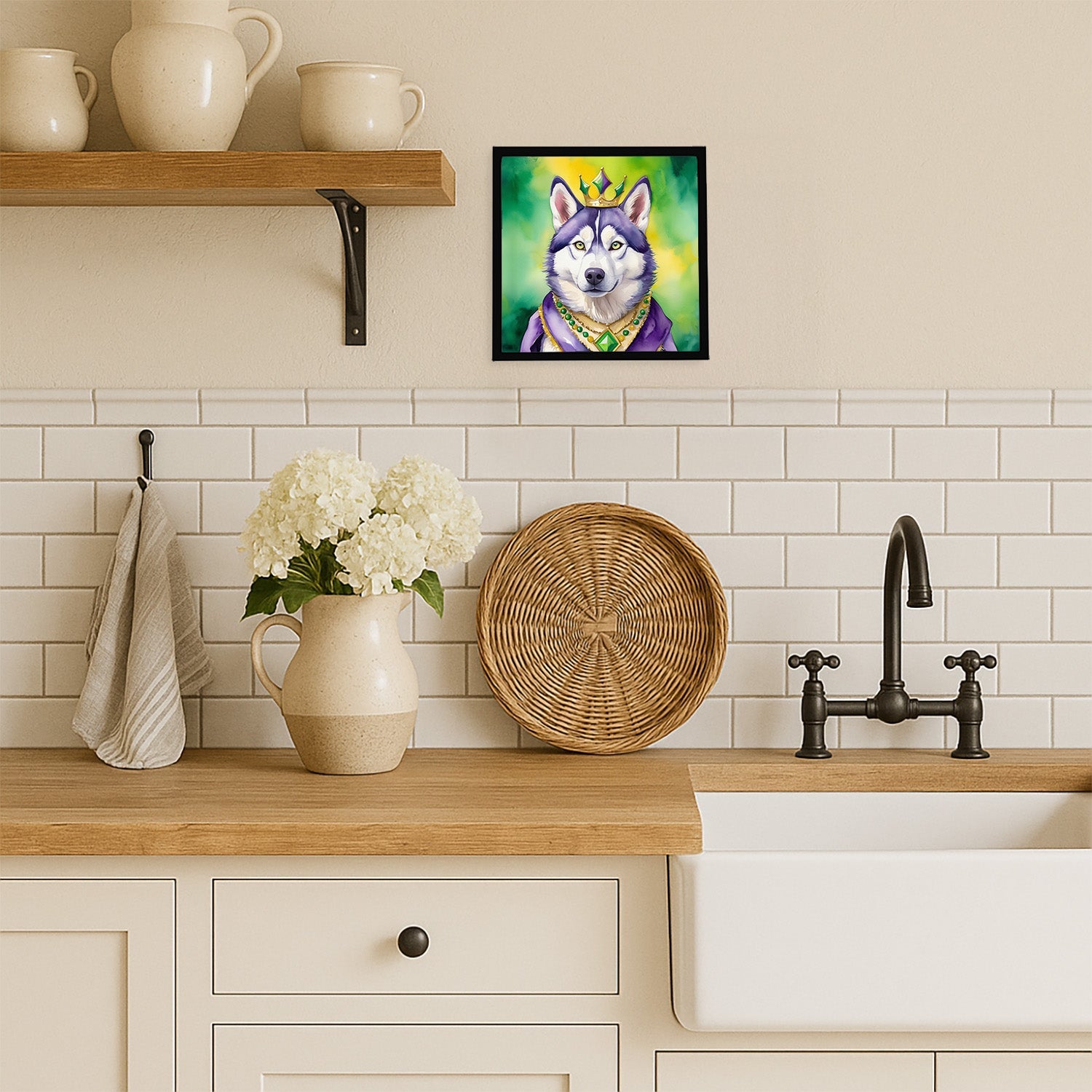 Siberian Husky King of Mardi Gras Framed Metal Print Bathroom, Kitchen, Office, Home Decor Wall Art Ready to Hang, Square, 8X8