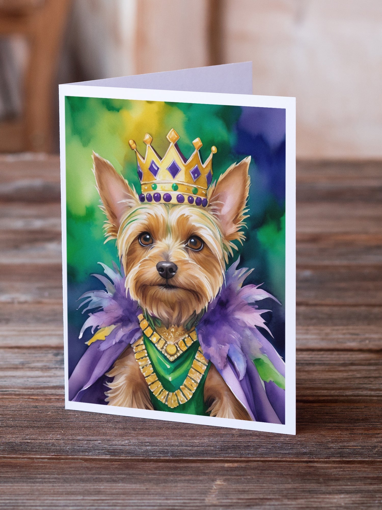 Silky Terrier King of Mardi Gras Greeting Cards Pack of 8 Blank Cards with Envelopes Whimsical A7 Size 5x7