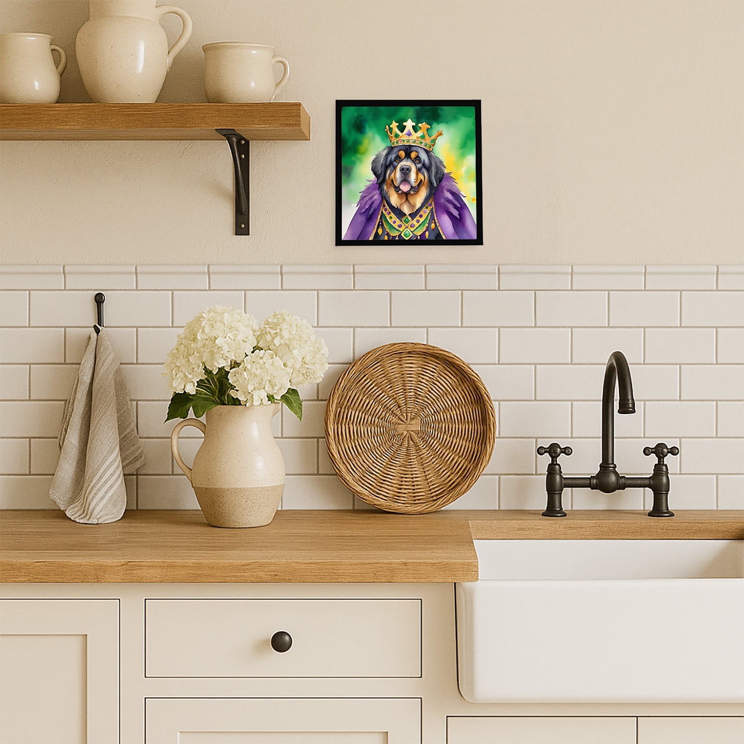 Tibetan Mastiff King of Mardi Gras Framed Metal Print Bathroom, Kitchen, Office, Home Decor Wall Art Ready to Hang, Square, 8X8