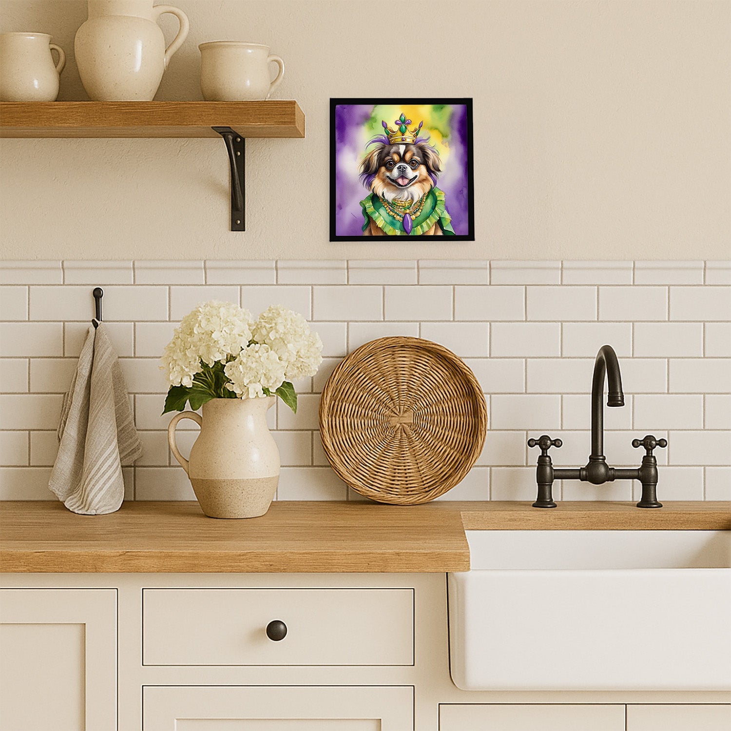 Tibetan Spaniel King of Mardi Gras Framed Metal Print Bathroom, Kitchen, Office, Home Decor Wall Art Ready to Hang, Square, 8X8