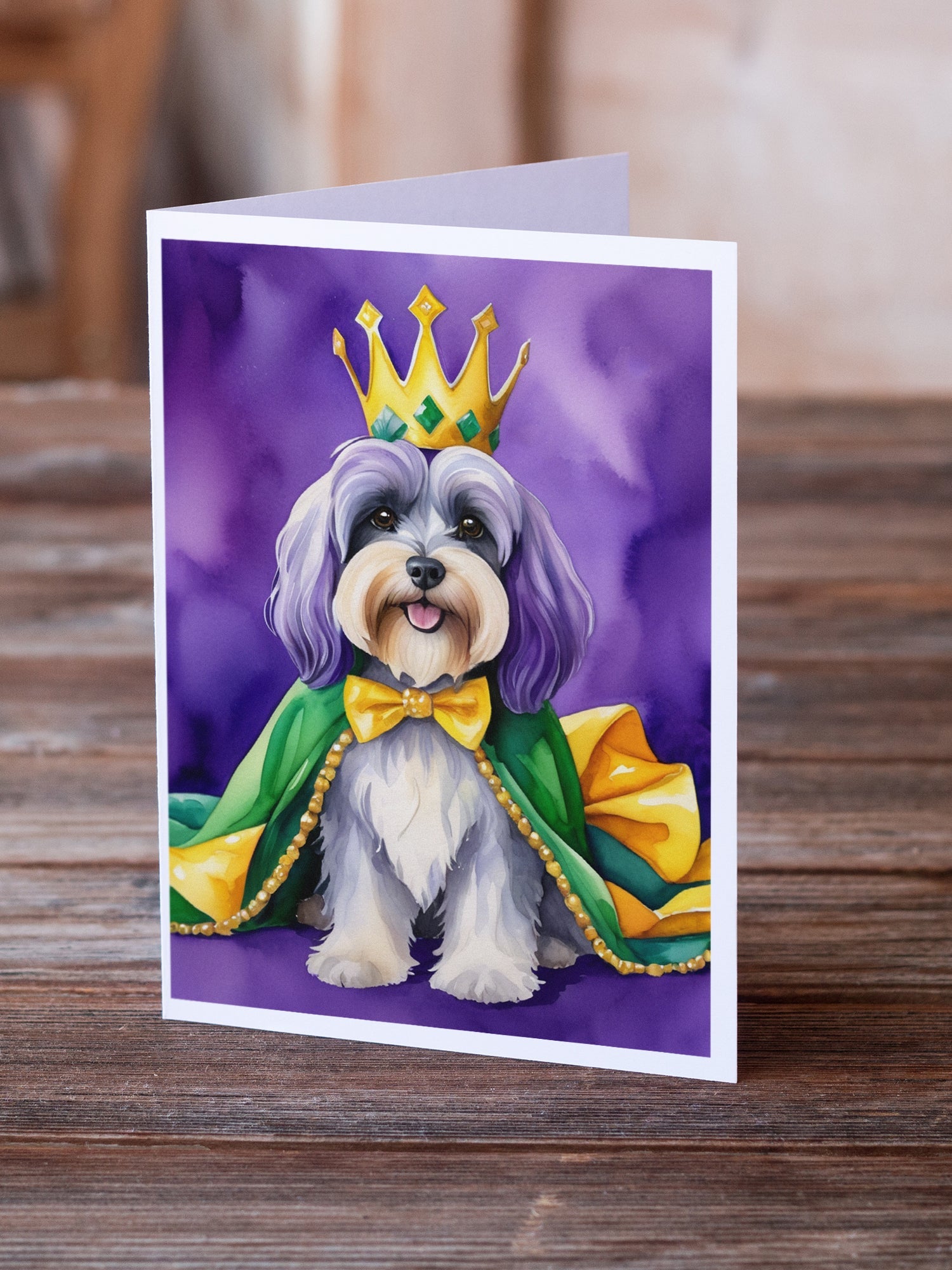 Tibetan Terrier King of Mardi Gras Greeting Cards Pack of 8 Blank Cards with Envelopes Whimsical A7 Size 5x7