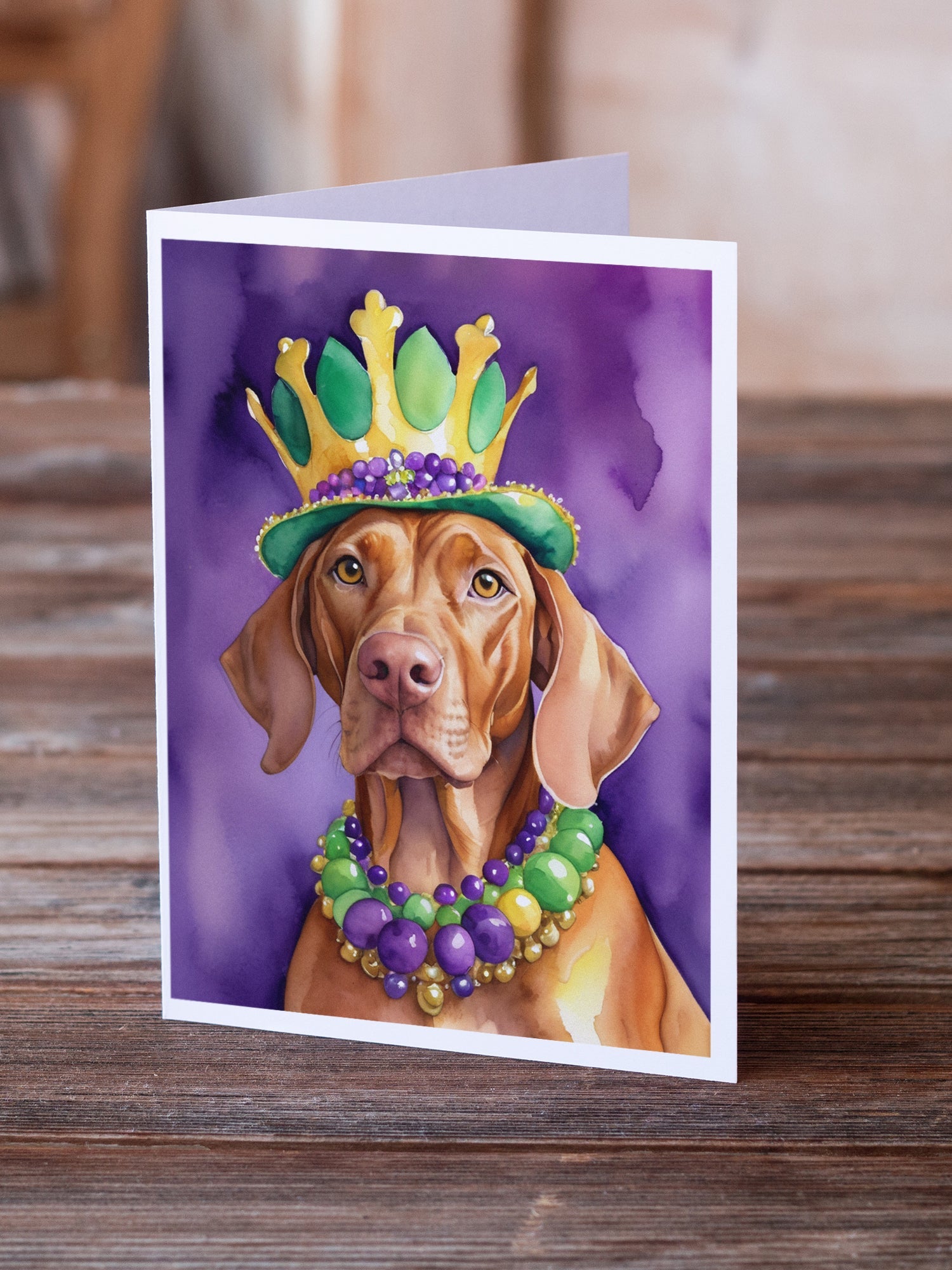Vizsla King of Mardi Gras Greeting Cards Pack of 8 Blank Cards with Envelopes Whimsical A7 Size 5x7