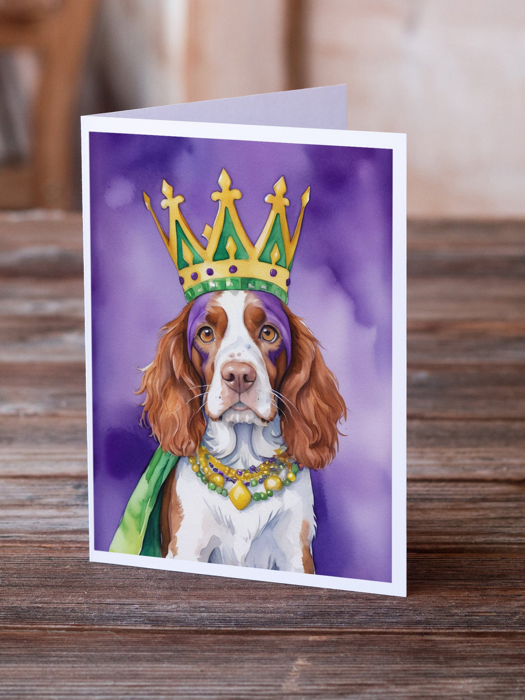 Welsh Springer Spaniel King of Mardi Gras Greeting Cards Pack of 8 Blank Cards with Envelopes Whimsical A7 Size 5x7