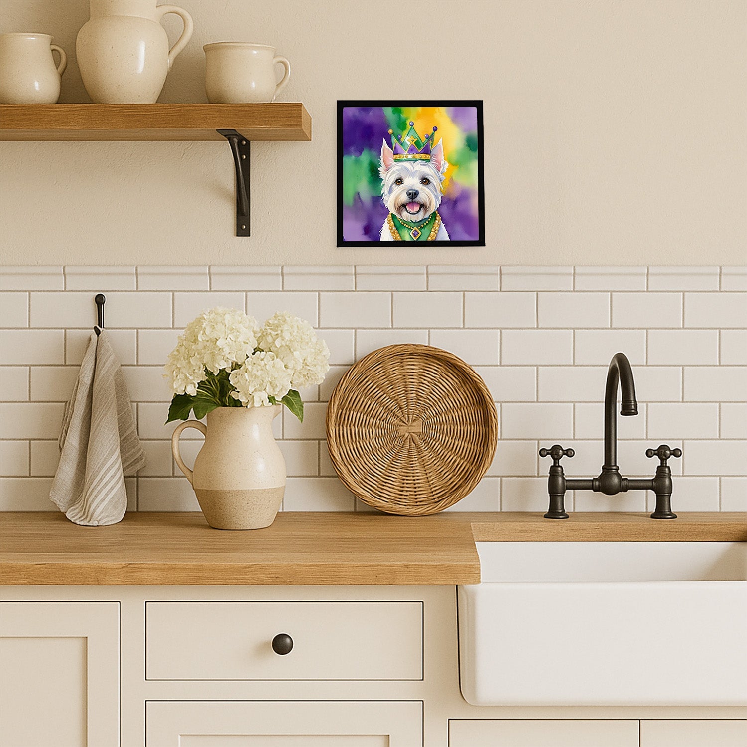 Westie King of Mardi Gras Framed Metal Print Bathroom, Kitchen, Office, Home Decor Wall Art Ready to Hang, Square, 8X8