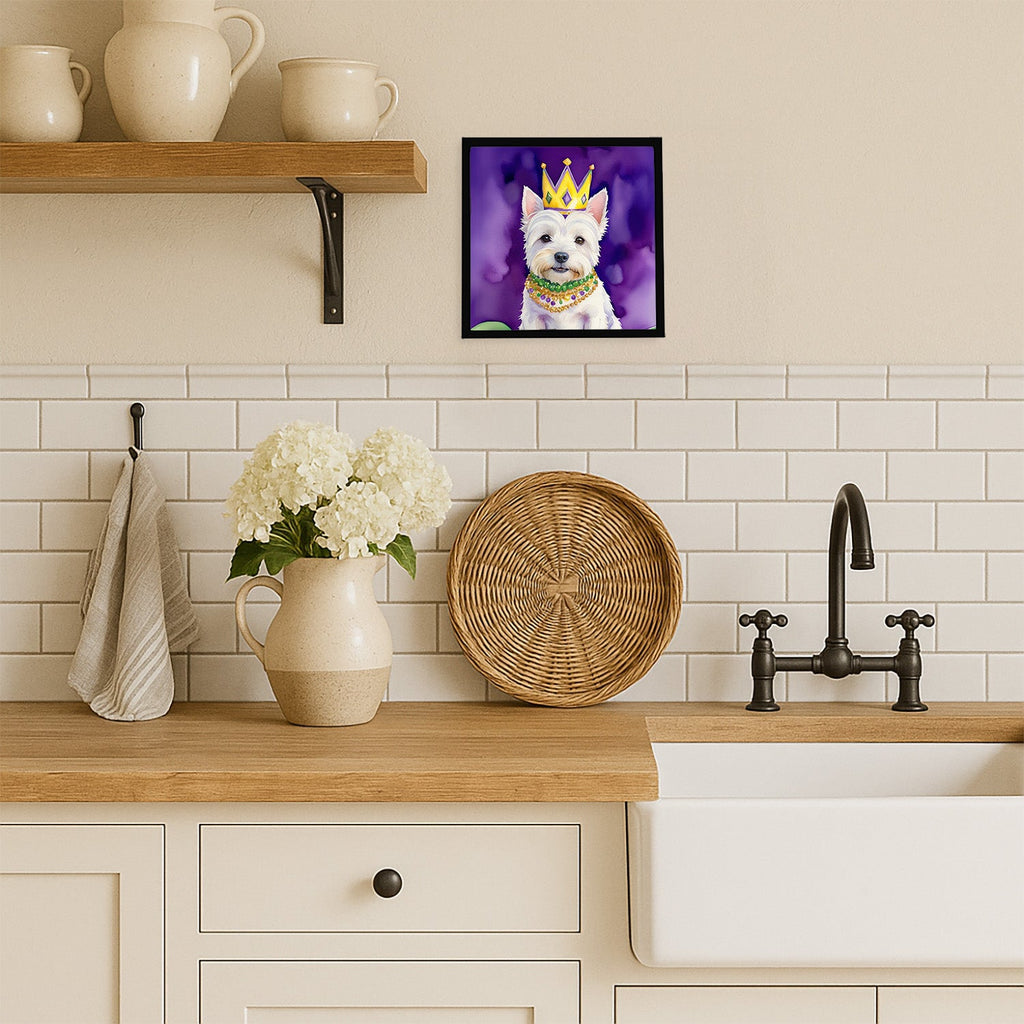 Westie King of Mardi Gras Framed Metal Print Bathroom, Kitchen, Office, Home Decor Wall Art Ready to Hang, Square, 8X8