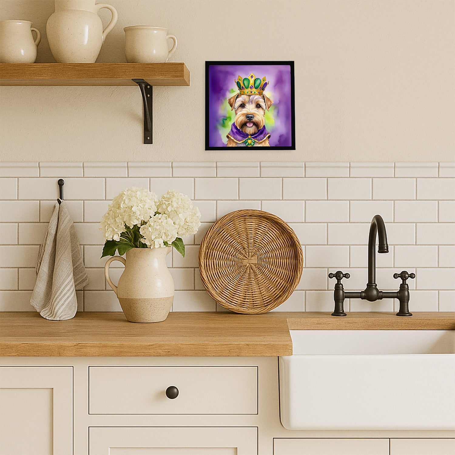 Wheaten Terrier King of Mardi Gras Framed Metal Print Bathroom, Kitchen, Office, Home Decor Wall Art Ready to Hang, Square, 8X8