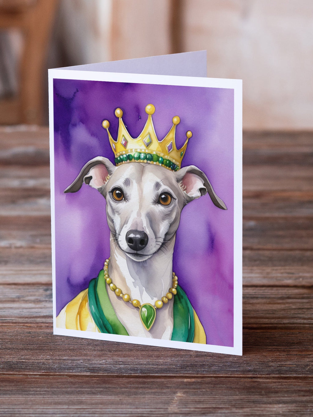 Whippet King of Mardi Gras Greeting Cards Pack of 8 Blank Cards with Envelopes Whimsical A7 Size 5x7