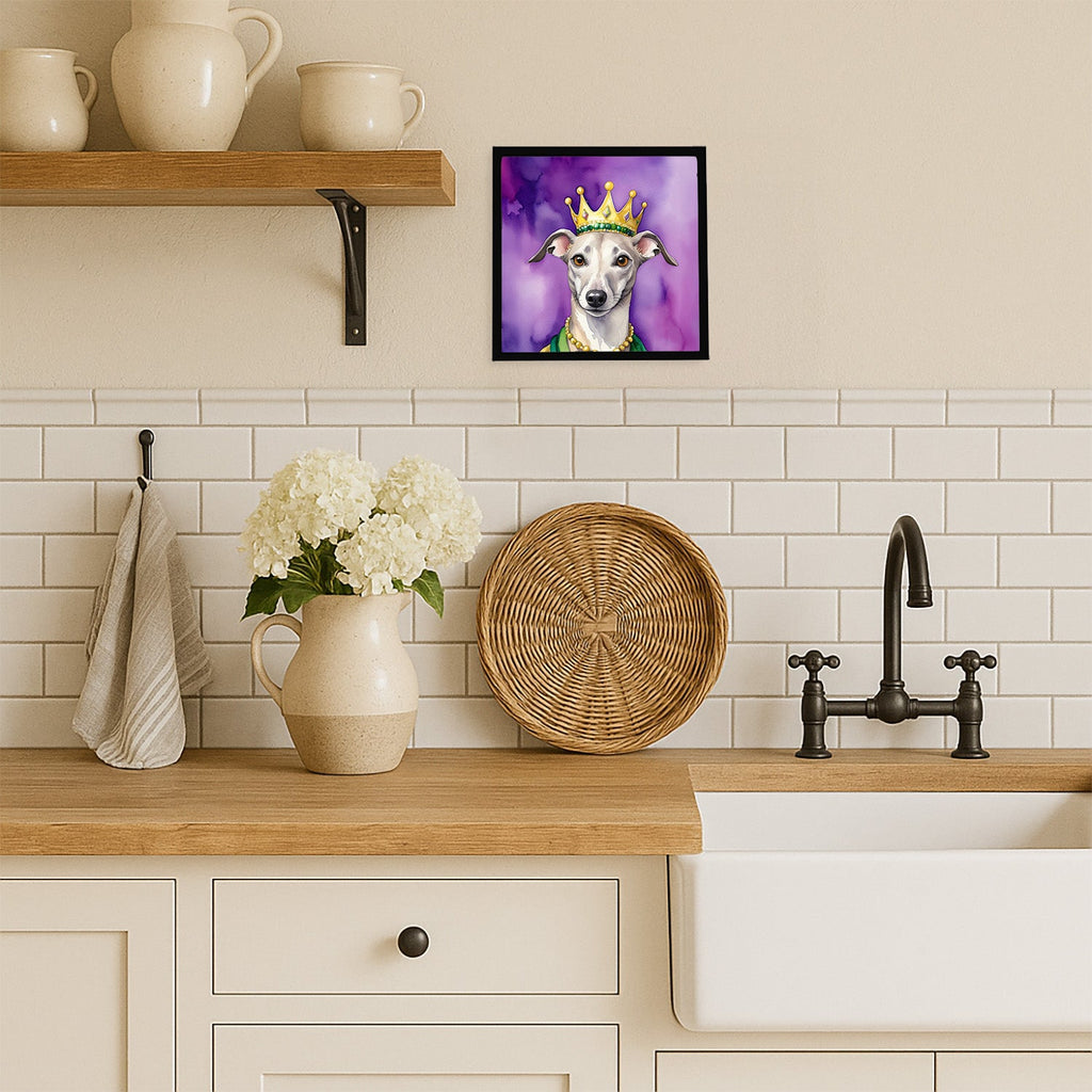 Whippet King of Mardi Gras Framed Metal Print Bathroom, Kitchen, Office, Home Decor Wall Art Ready to Hang, Square, 8X8