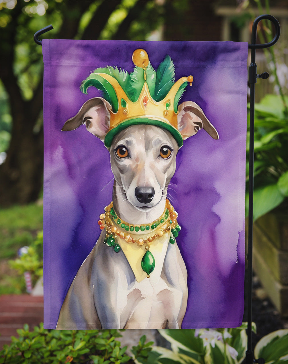 Whippet King of Mardi Gras Garden Flag Mailbox Decorative Yard Banner Outside Patio Artwork for Flower Beds, Garden Size, Multicolor