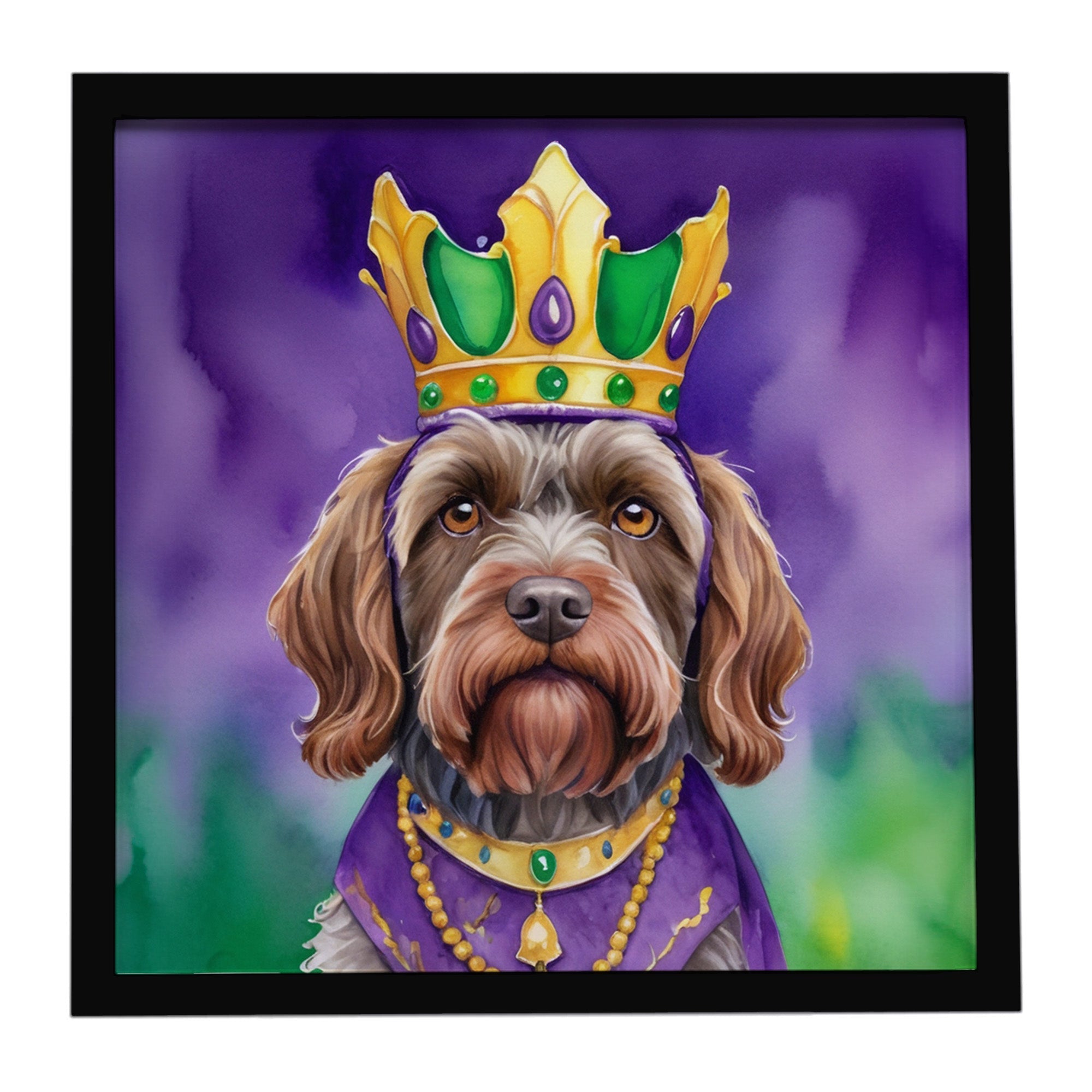 Wirehaired Pointing Griffon King of Mardi Gras Framed Metal Print Bathroom, Kitchen, Office, Home Decor Wall Art Ready to Hang, Square, 8X8