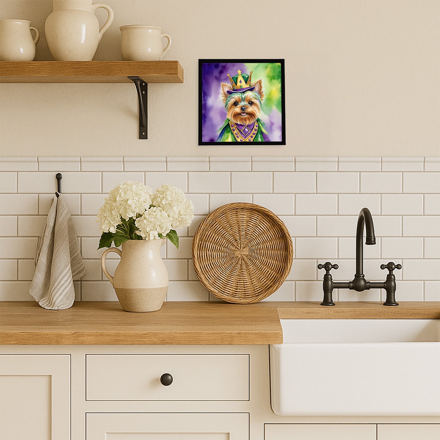Yorkshire Terrier King of Mardi Gras Framed Metal Print Bathroom, Kitchen, Office, Home Decor Wall Art Ready to Hang, Square, 8X8