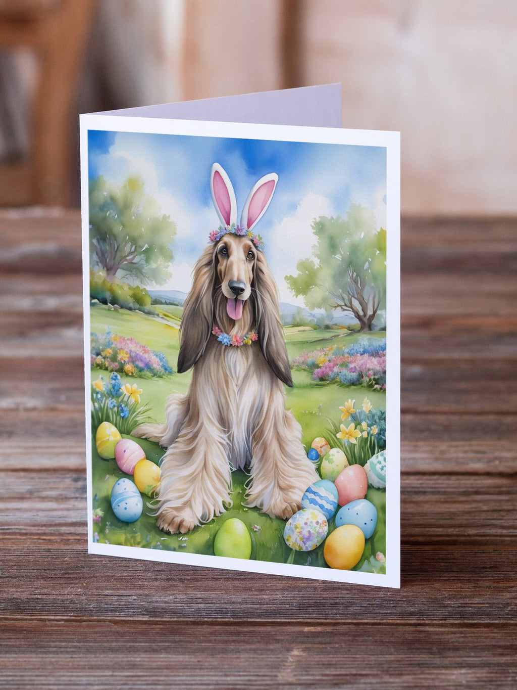 Afghan Hound Easter Egg Hunt Greeting Cards Pack of 8 Blank Cards with Envelopes Whimsical A7 Size 5x7