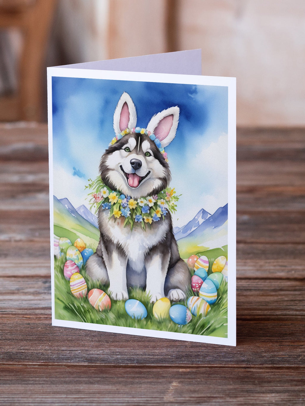 Alaskan Malamute Easter Egg Hunt Greeting Cards Pack of 8 Blank Cards with Envelopes Whimsical A7 Size 5x7