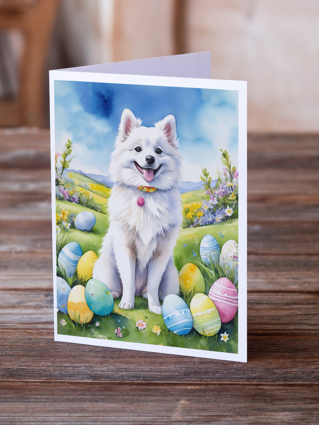 American Eskimo Easter Egg Hunt Greeting Cards Pack of 8 Blank Cards with Envelopes Whimsical A7 Size 5x7