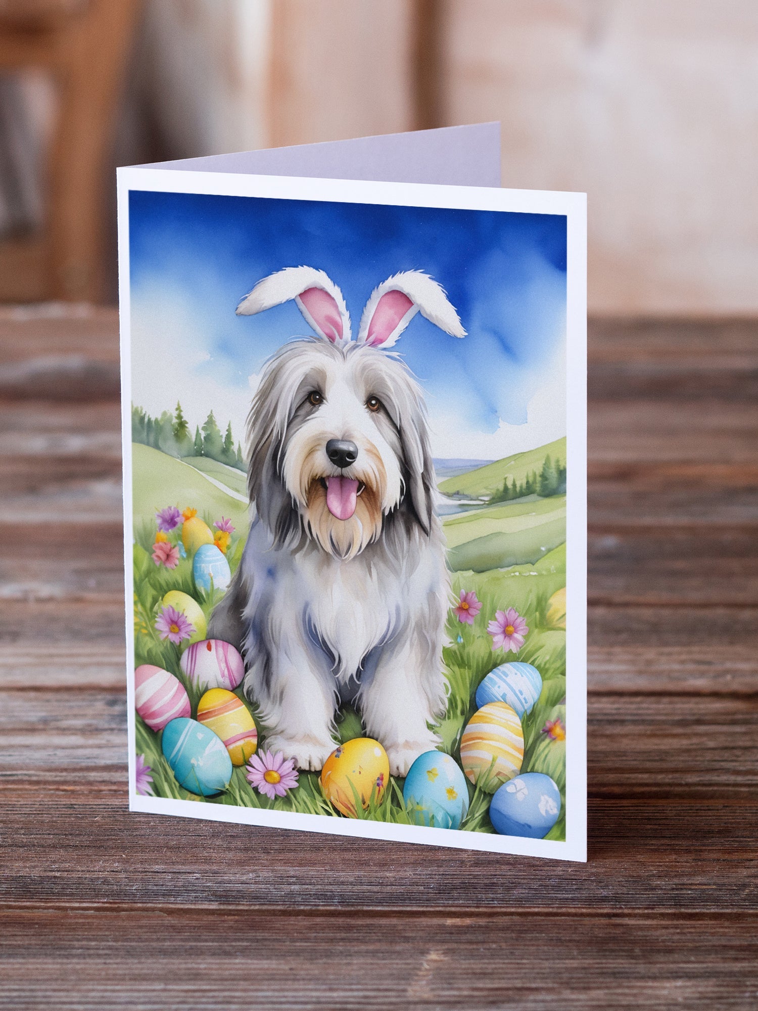 Bearded Collie Easter Egg Hunt Greeting Cards Pack of 8 Blank Cards with Envelopes Whimsical A7 Size 5x7