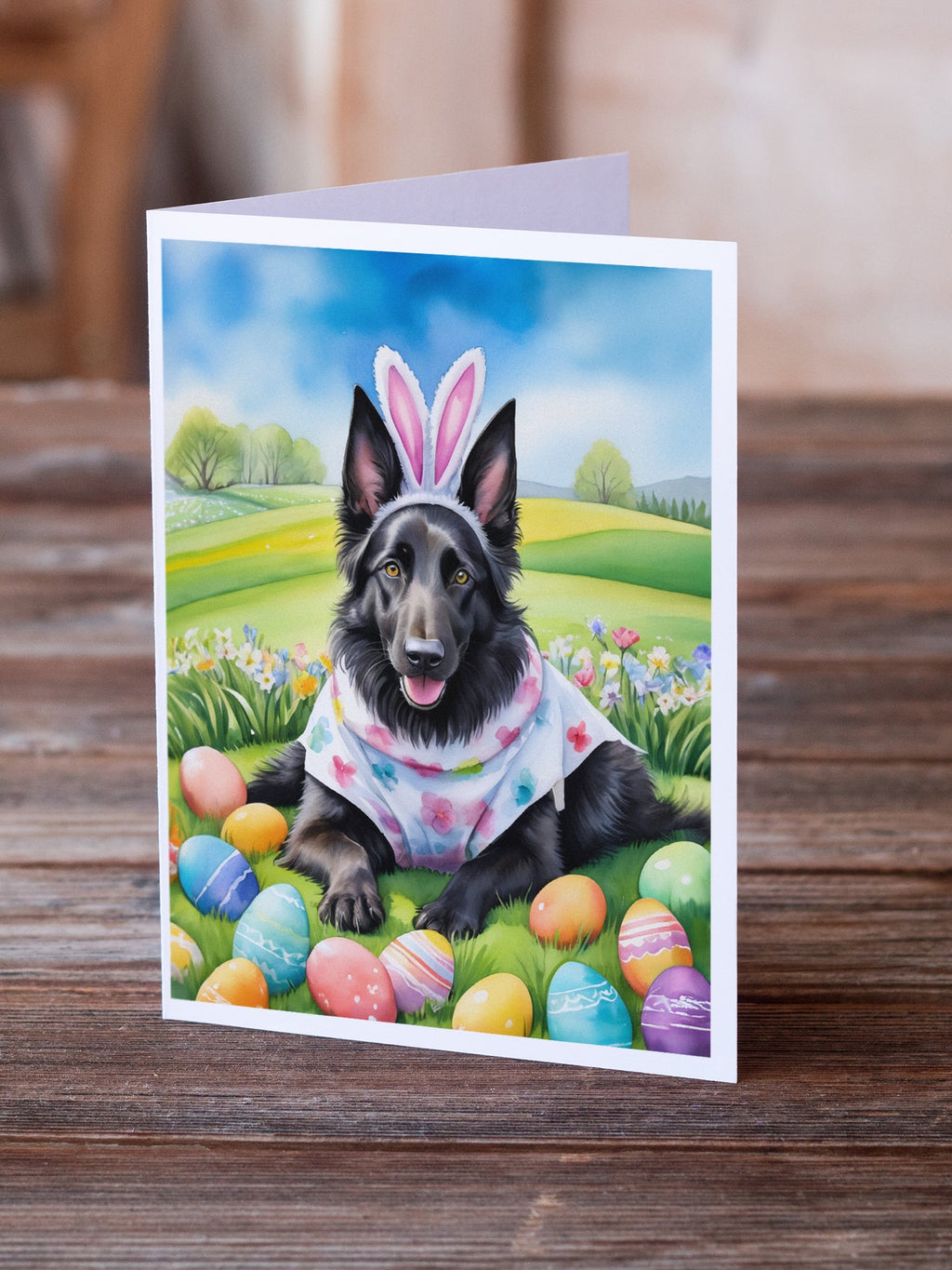 Belgian Sheepdog Easter Egg Hunt Greeting Cards Pack of 8 Blank Cards with Envelopes Whimsical A7 Size 5x7