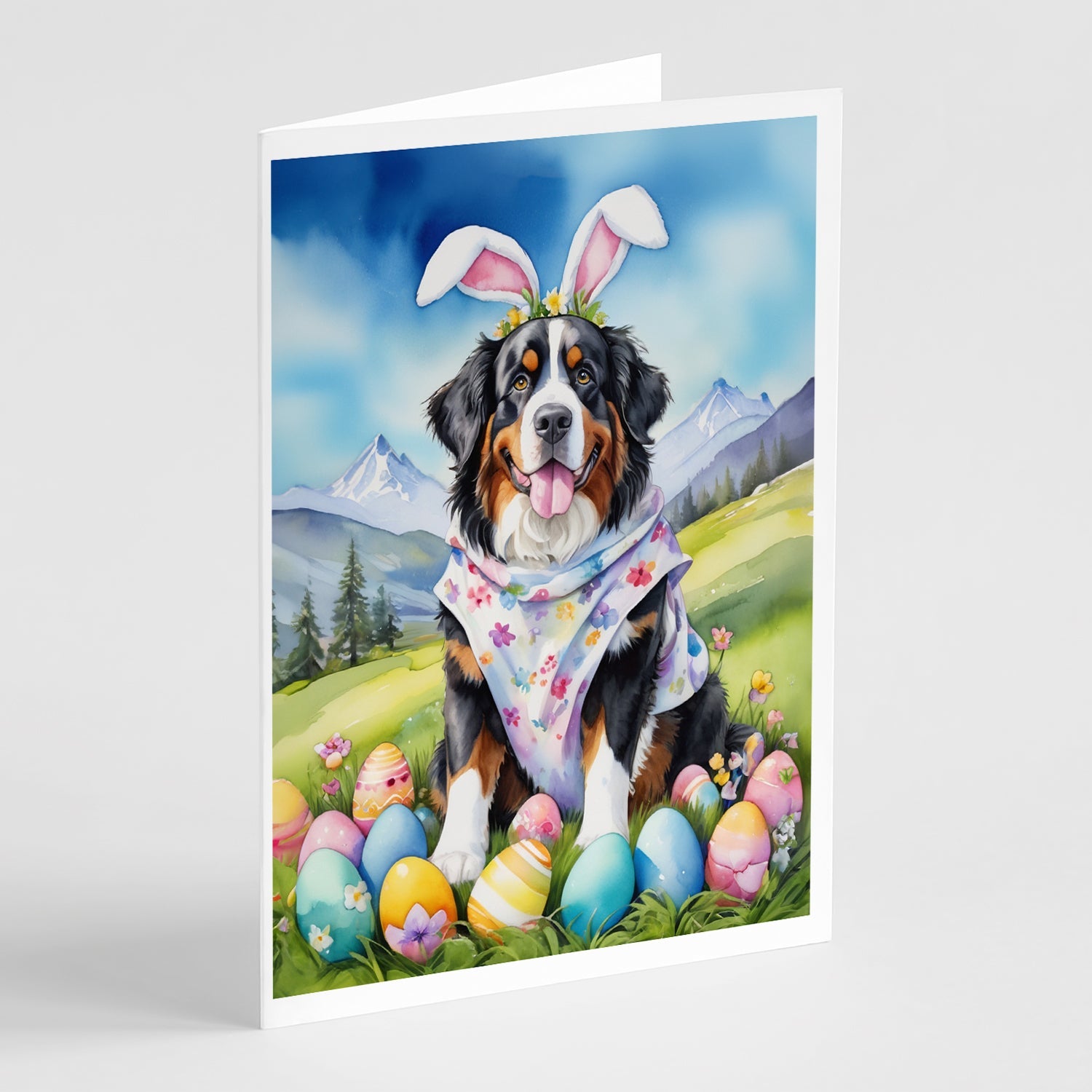 Bernese Mountain Dog Easter Egg Hunt Greeting Cards Pack of 8 Blank Cards with Envelopes Whimsical A7 Size 5x7