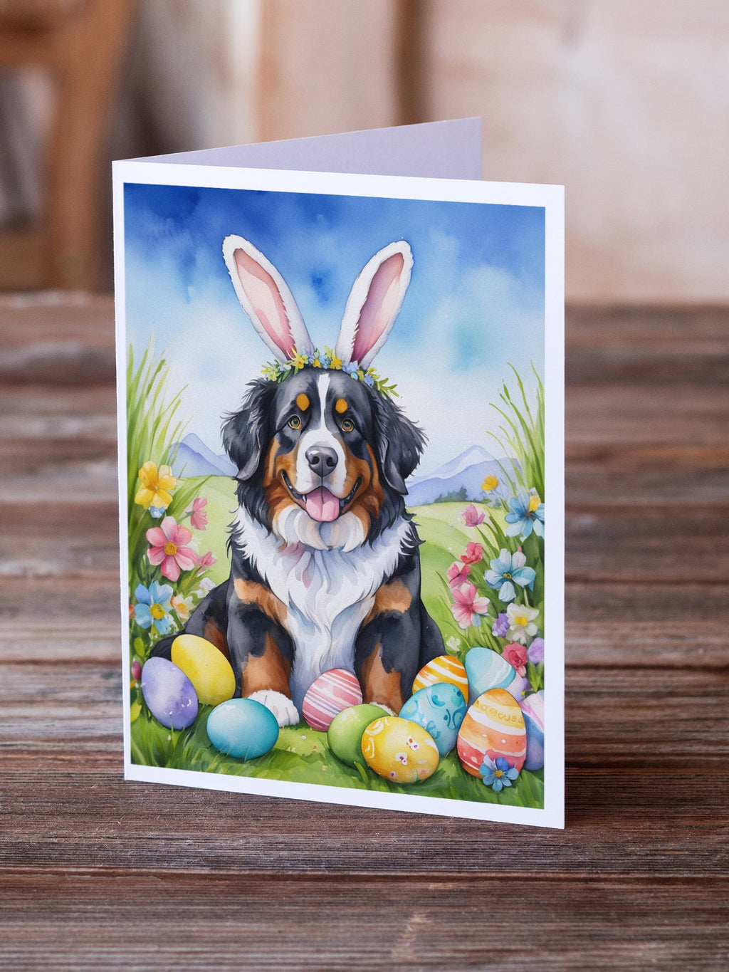 Bernese Mountain Dog Easter Egg Hunt Greeting Cards Pack of 8 Blank Cards with Envelopes Whimsical A7 Size 5x7