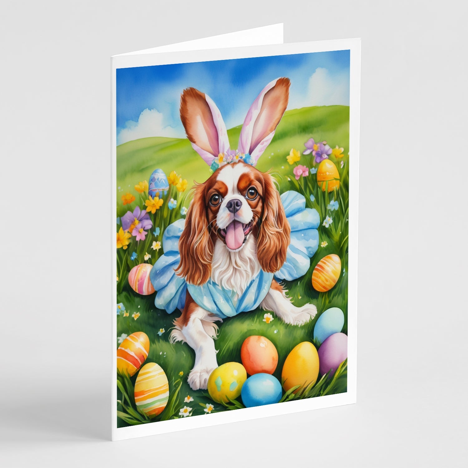 Cavalier Spaniel Easter Egg Hunt Greeting Cards Pack of 8 Blank Cards with Envelopes Whimsical A7 Size 5x7