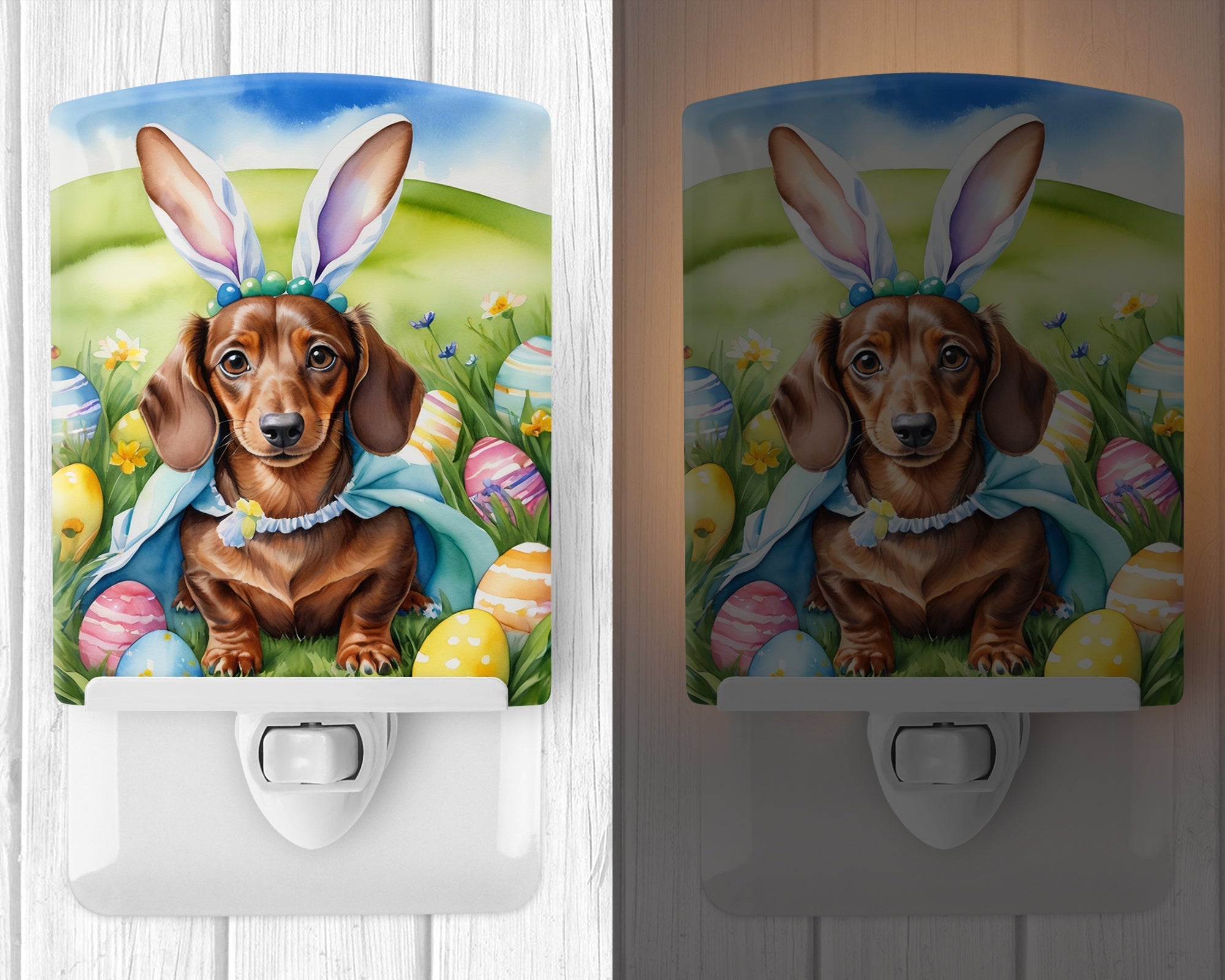 Dachshund Easter Egg Hunt Ceramic Night Light Compact, UL-Certified, Ideal for Bedroom, Bathroom, Nursery, Hallway, Kitchen, 6x4x3, Multicolor