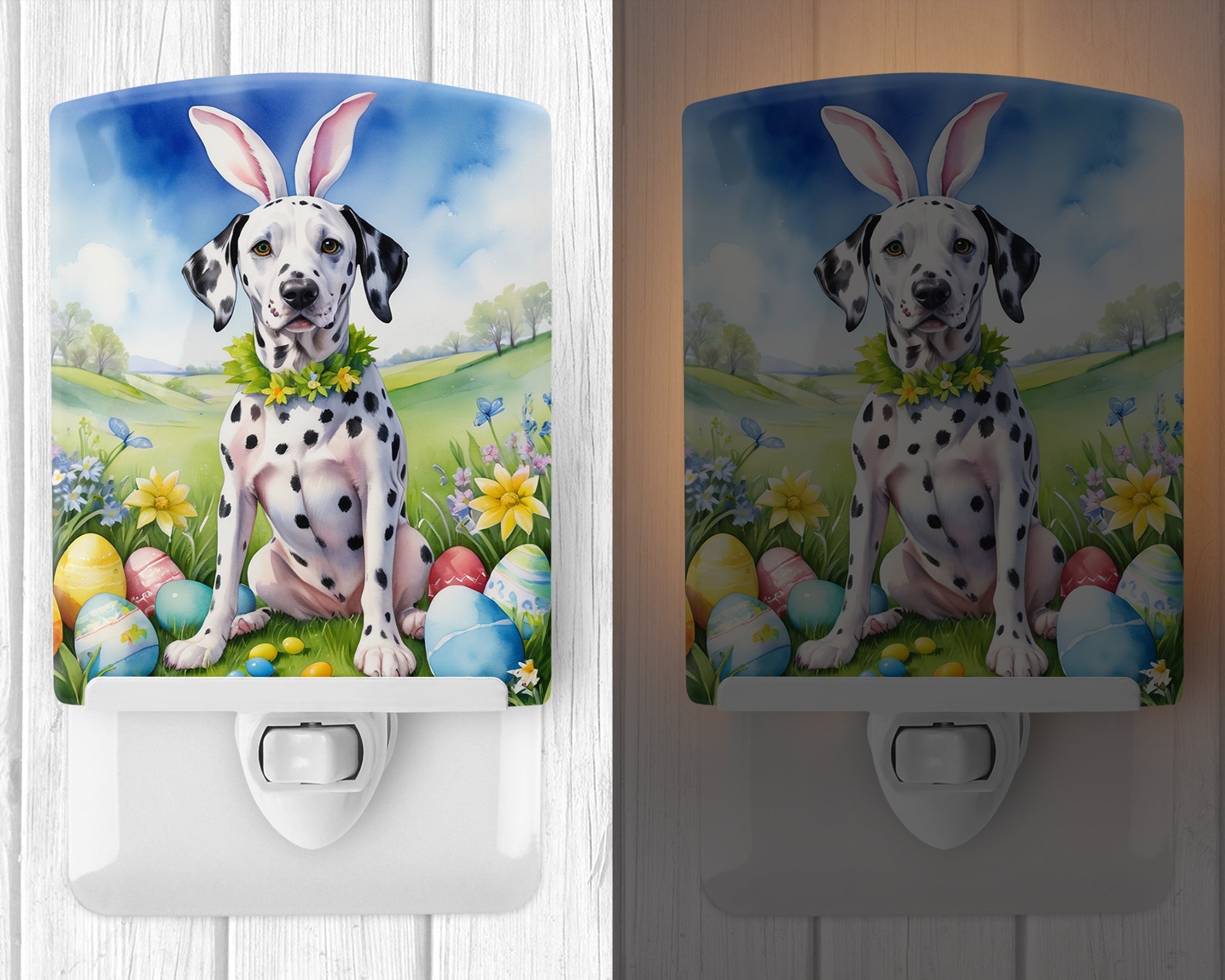 Dalmatian Easter Egg Hunt Ceramic Night Light Compact, UL-Certified, Ideal for Bedroom, Bathroom, Nursery, Hallway, Kitchen, 6x4x3, Multicolor