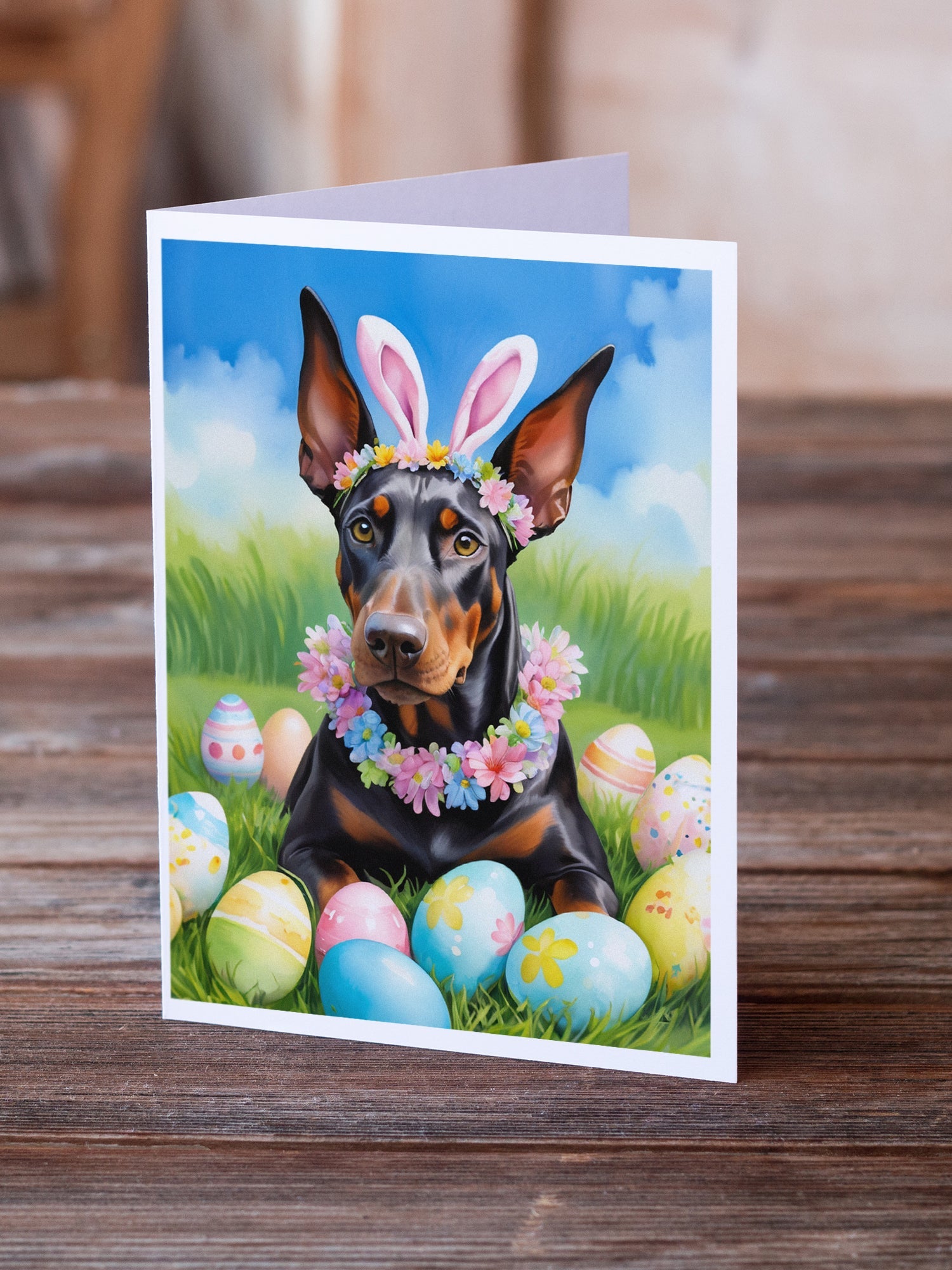 Doberman Pinscher Easter Egg Hunt Greeting Cards Pack of 8 Blank Cards with Envelopes Whimsical A7 Size 5x7