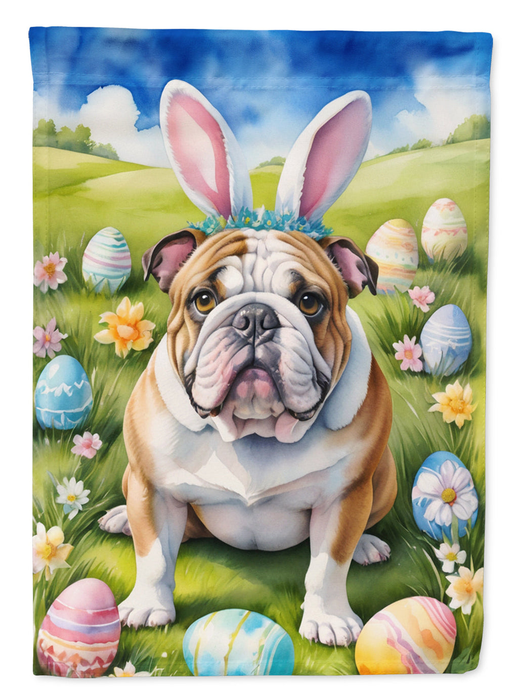 English Bulldog Easter Egg Hunt House Flag 28x40 Porch Sleeve Pole Decorative Outside Yard Banner Artwork Wall Hanging, Polyester