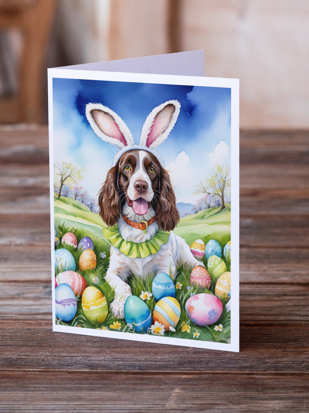 English Springer Spaniel Easter Egg Hunt Greeting Cards Pack of 8 Blank Cards with Envelopes Whimsical A7 Size 5x7